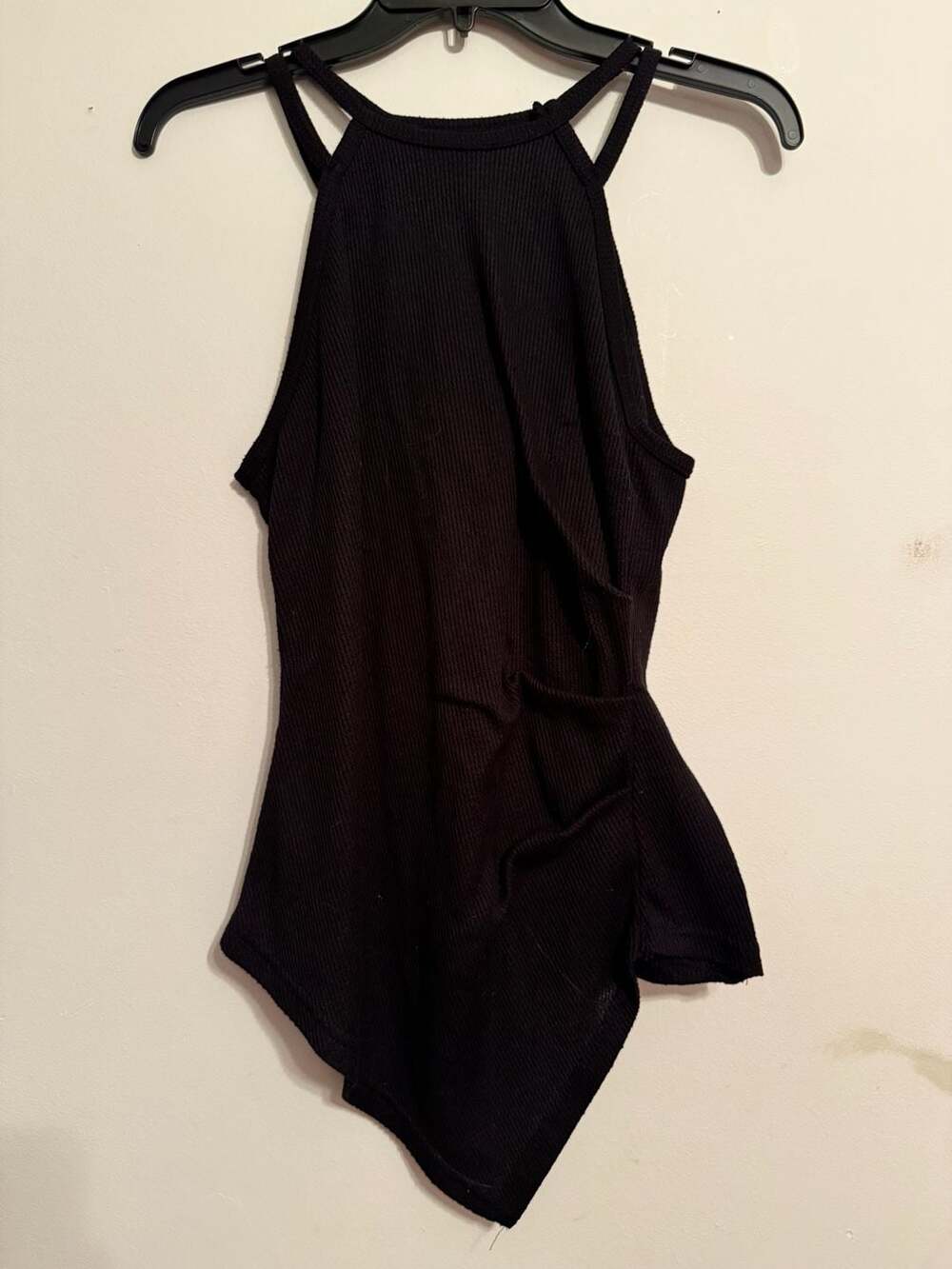 SHEIN MOD Black Ribbed Ruched Asymmetrical Halter Top Size L